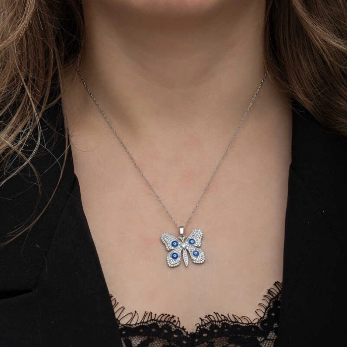 Kadın Gümüş Nazarlı Kelebek Kadın Kolye