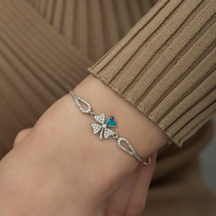 Kadın Gümüş Nazarlı Yonca Bileklik