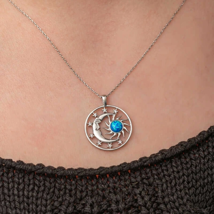 Kadın Gümüş Opal Mavi Taşlı Ay Güneş Kadın Kolye