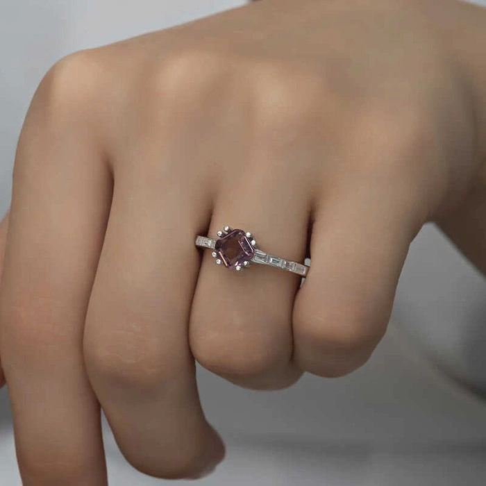 Kadın Gümüş Pembe Baget Tek Taş Kadın Yüzük