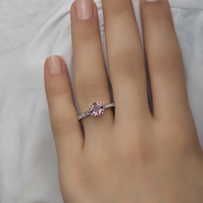 Kadın Gümüş Pembe Baget Tek Taş Kadın Yüzük