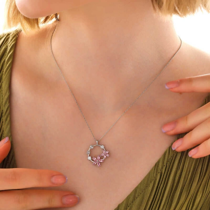 Kadın Gümüş Pembe Çiçek Kadın Kolye