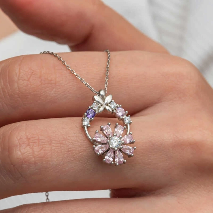 Kadın Gümüş Pembe Dönen Çiçek Kadın Kolye