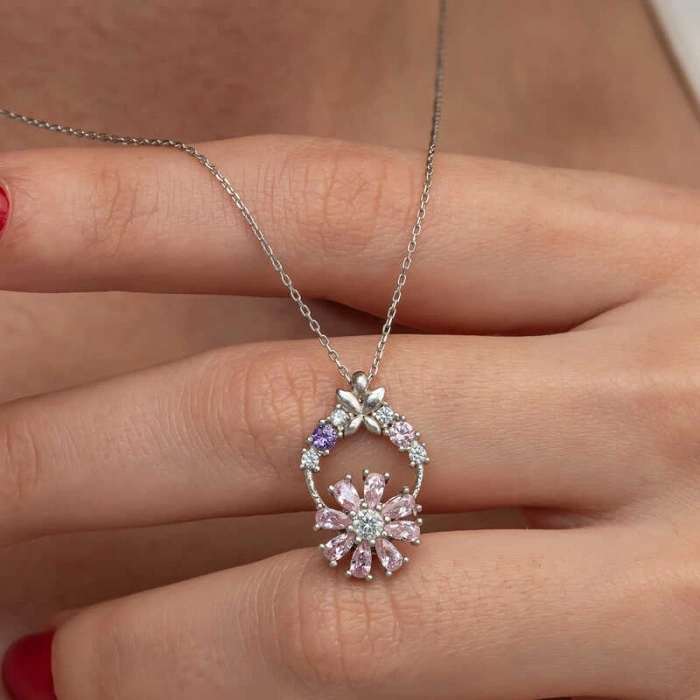 Kadın Gümüş Pembe Dönen Çiçek Kadın Kolye