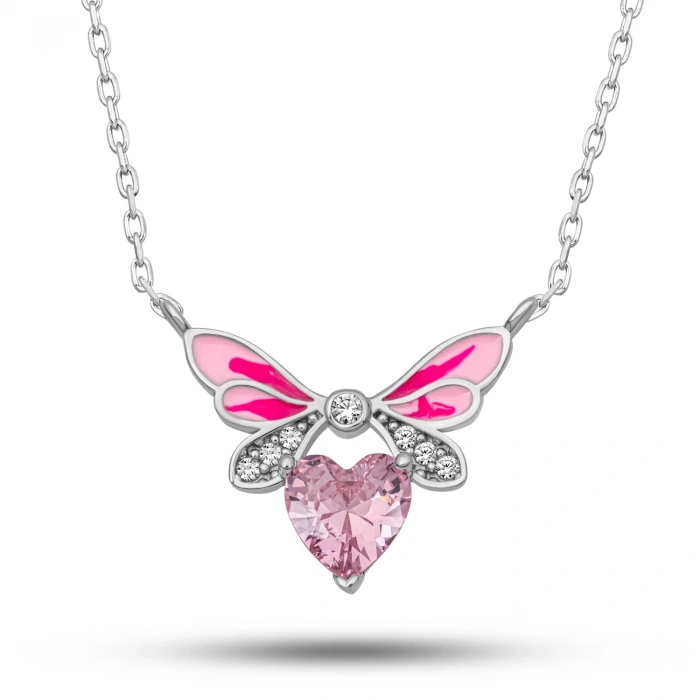 Kadın Gümüş Pembe Kalp Peri Kanatlı Kolye