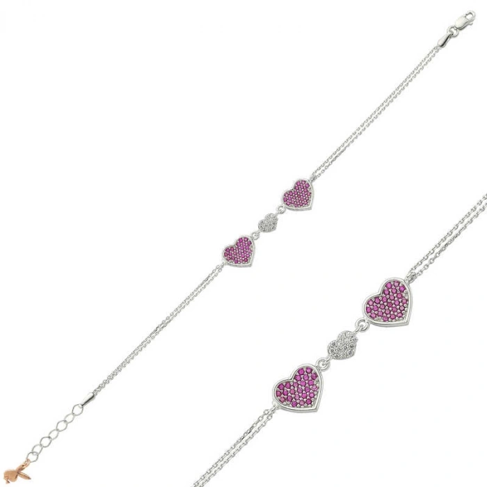 Kadın Gümüş Pembe Kalpli Bayan Bileklik