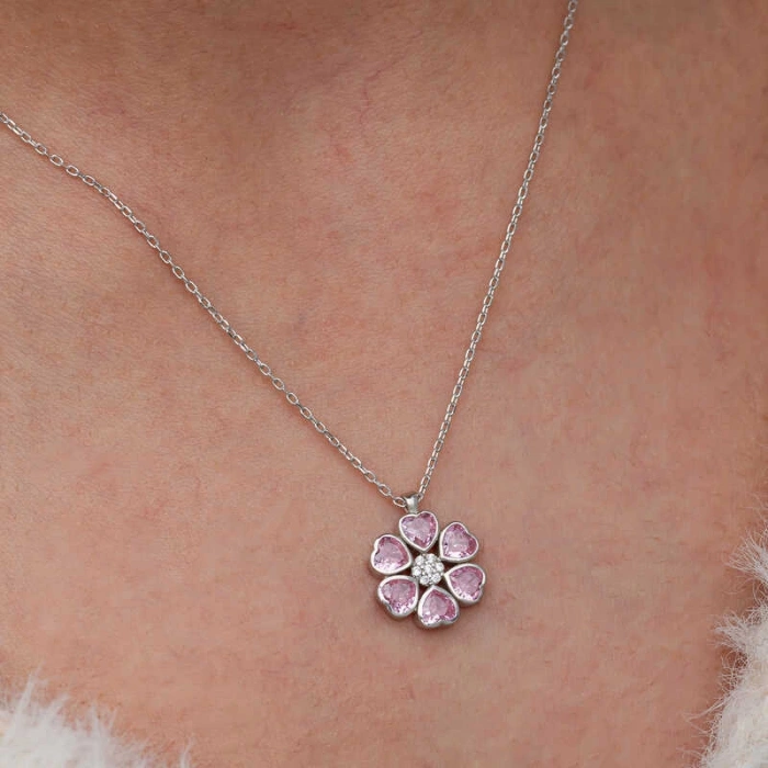 Kadın Gümüş Pembe Kalpli Çiçek Kadın Kolye
