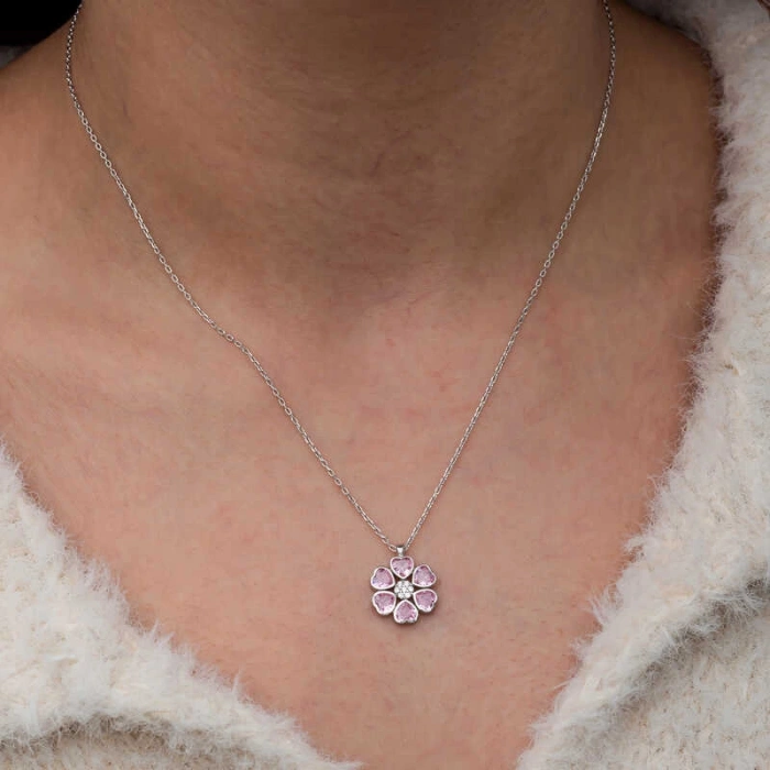 Kadın Gümüş Pembe Kalpli Çiçek Kadın Kolye