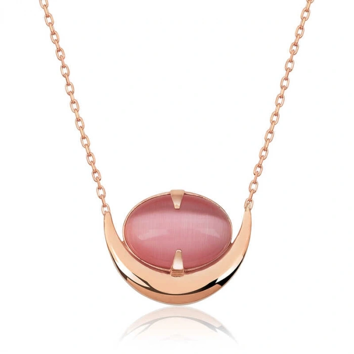 Kadın Gümüş Pembe Kedi Gözü Taşlı Hilal Kolye