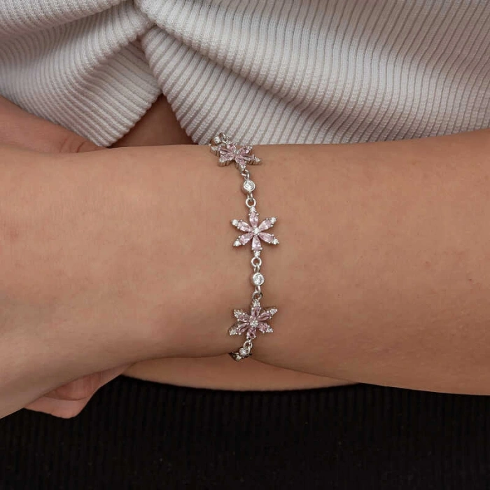 Kadın Gümüş Pembe Lotus Çiçeği Kadın Bileklik