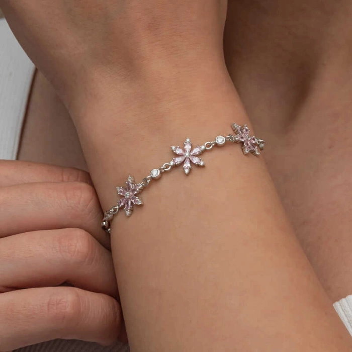 Kadın Gümüş Pembe Lotus Çiçeği Kadın Bileklik