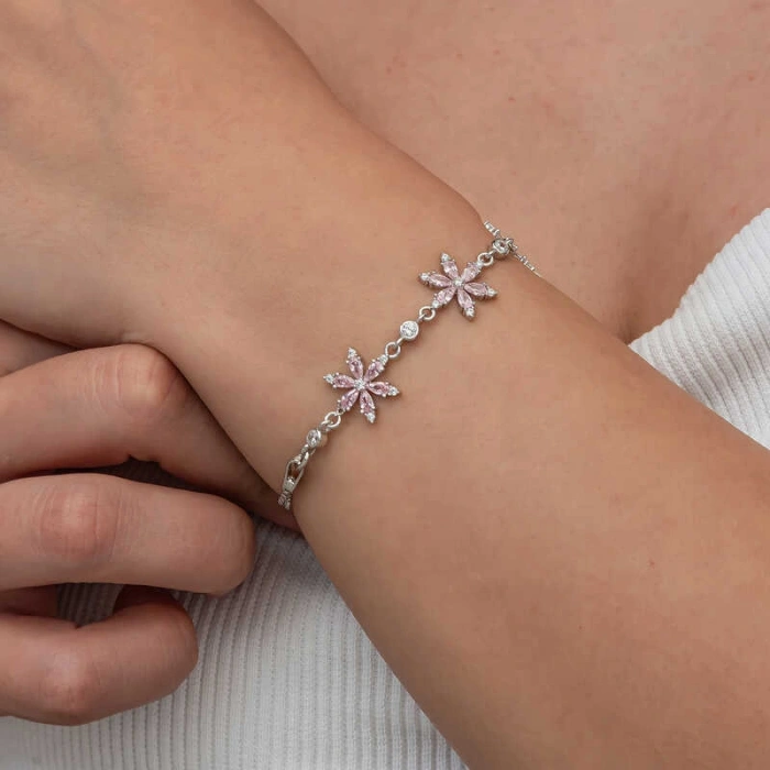 Kadın Gümüş Pembe Lotus Çiçeği Kadın Bileklik