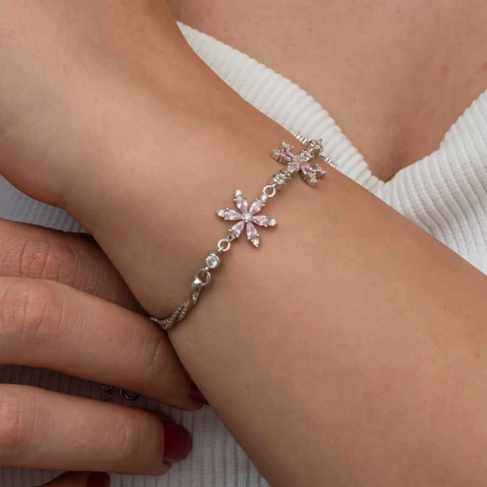 Kadın Gümüş Pembe Lotus Çiçeği Kadın Bileklik