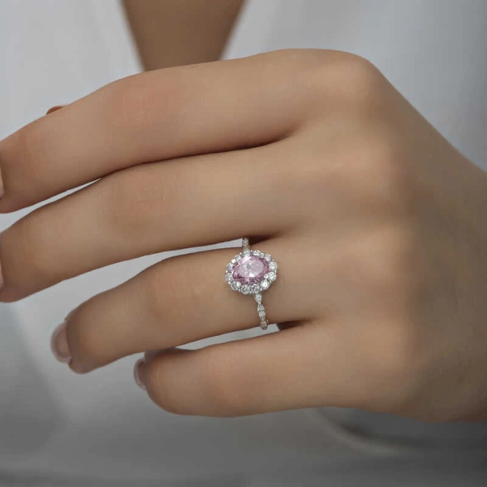 Kadın Gümüş Pembe Oval Taşlı Kadın Yüzük