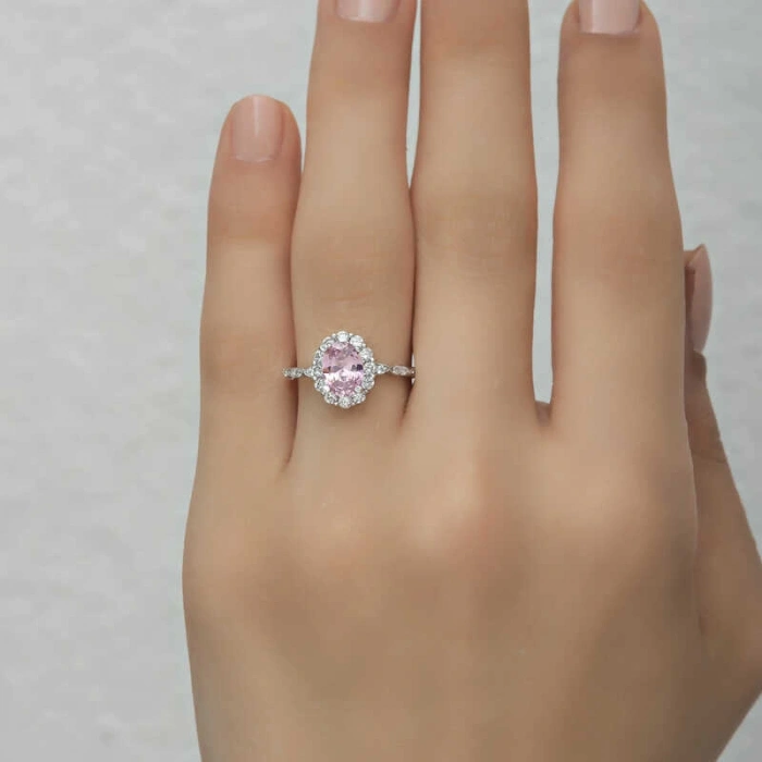 Kadın Gümüş Pembe Oval Taşlı Kadın Yüzük