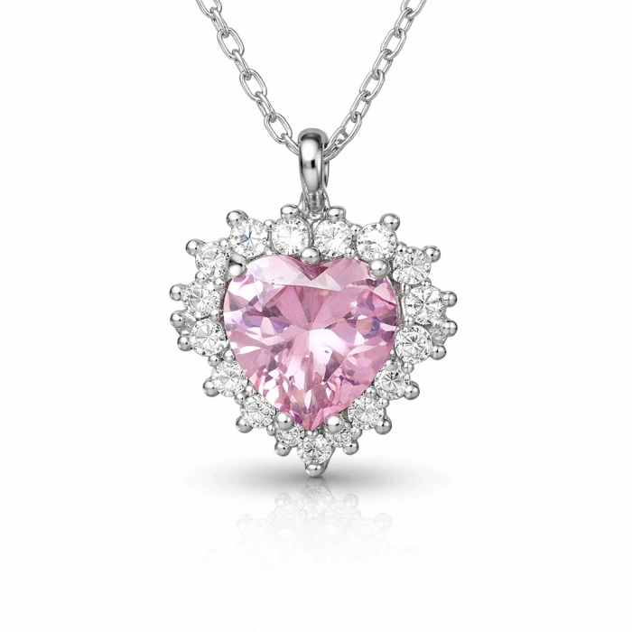 Kadın Gümüş Pembe Taşlı Kalp Kadın Kolye