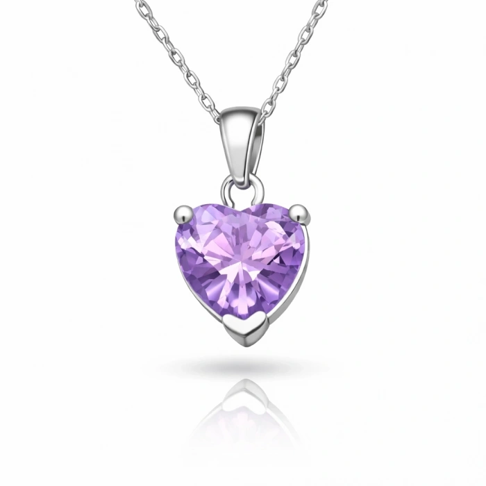 Kadın Gümüş Pembe Taşlı Kalpli Kadın Kolye