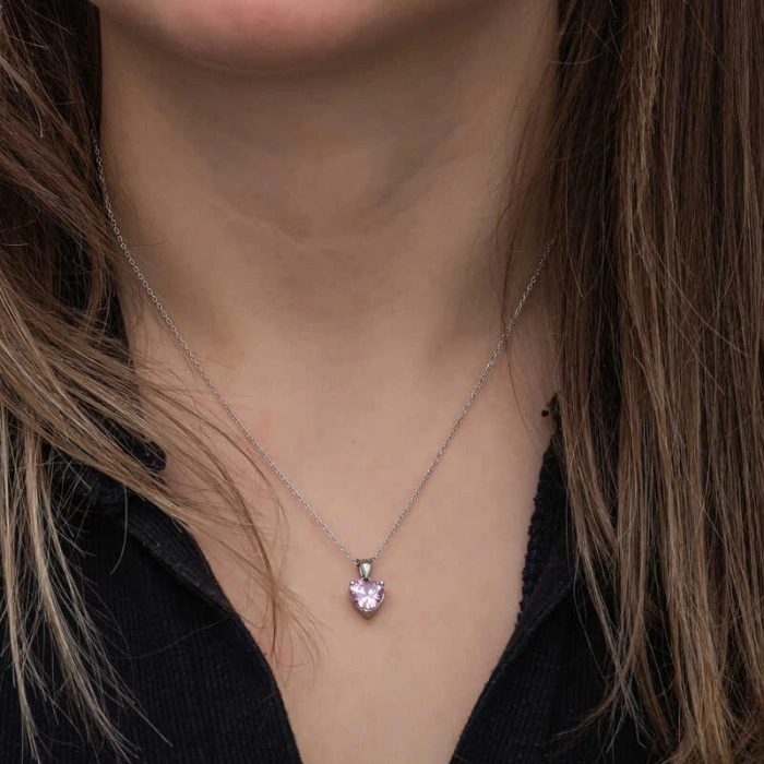 Kadın Gümüş Pembe Taşlı Kalpli Kadın Kolye