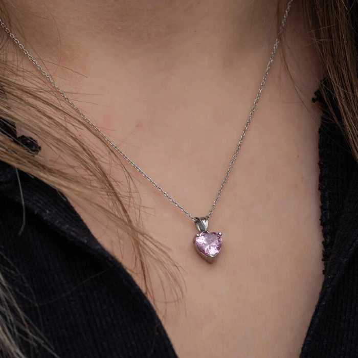 Kadın Gümüş Pembe Taşlı Kalpli Kadın Kolye