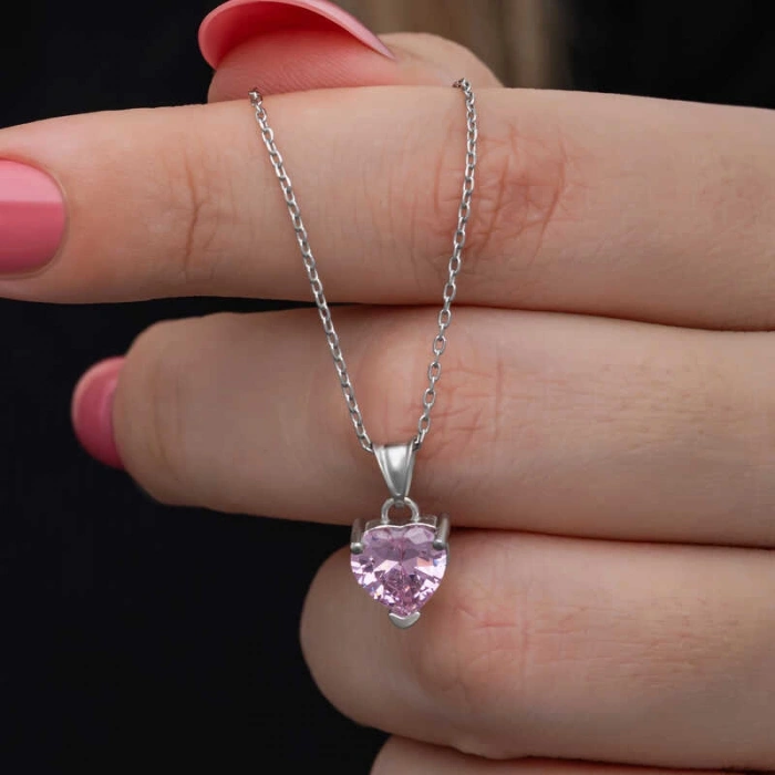Kadın Gümüş Pembe Taşlı Kalpli Kadın Kolye