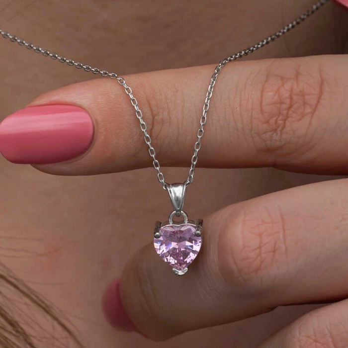 Kadın Gümüş Pembe Taşlı Kalpli Kadın Kolye
