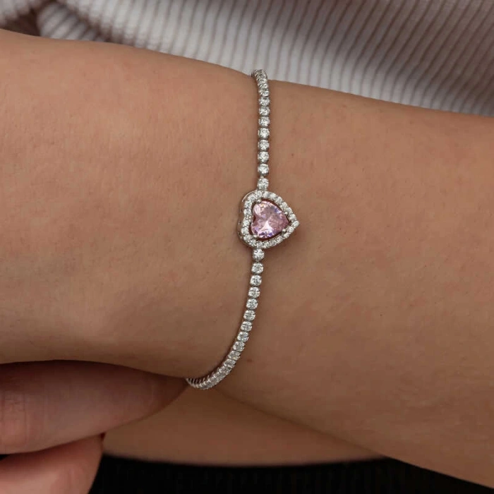 Kadın Gümüş Pembe Taşlı Kalpli Su Yolu Bileklik