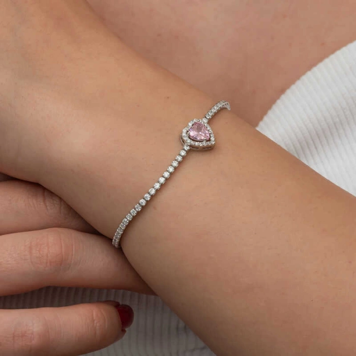 Kadın Gümüş Pembe Taşlı Kalpli Su Yolu Bileklik