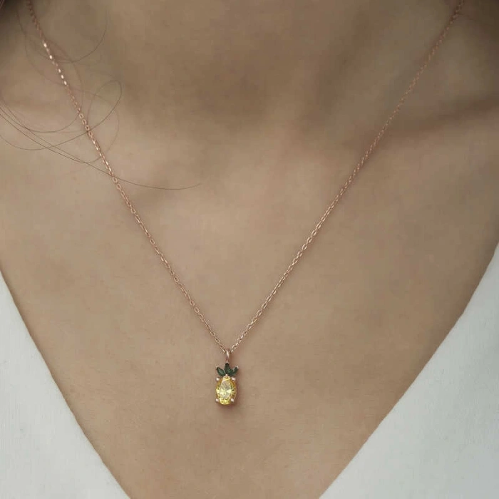 Kadın ​Gümüş Rose Ananas Figür Meyve Kolye