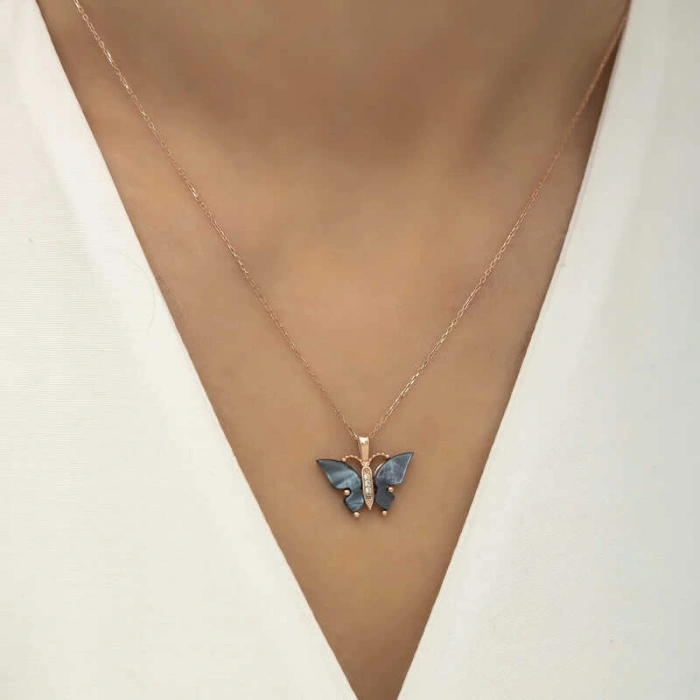 Kadın Gümüş Rose Antrasit Kaplangözü Taşlı Kelebek Kolye