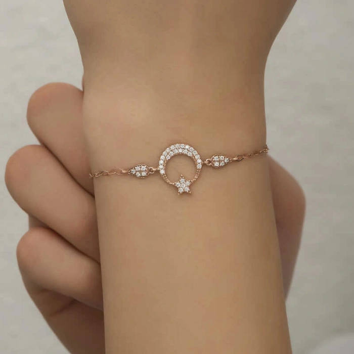 Kadın Gümüş Rose Ay Yıldız Kadın Bileklik