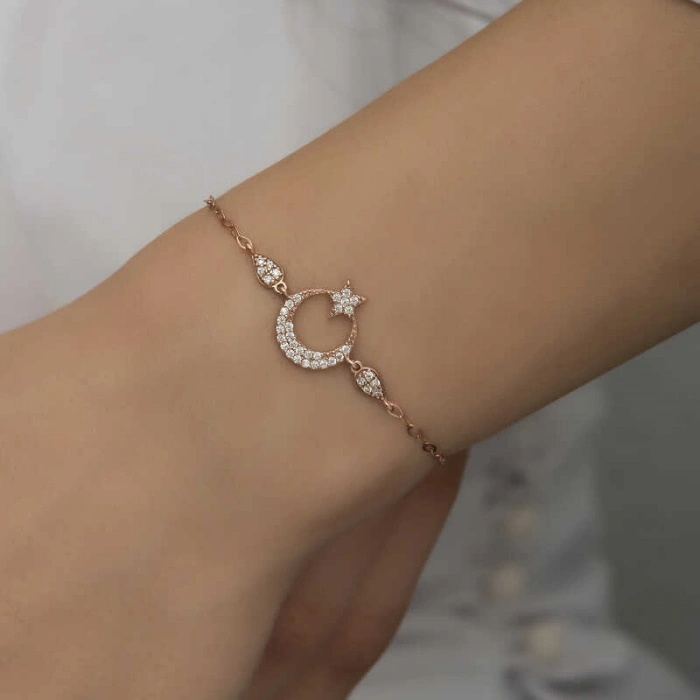Kadın Gümüş Rose Ay Yıldız Kadın Bileklik