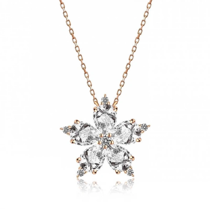 Kadın Gümüş Rose Beyaz Kamelya Çiçeği Kolye