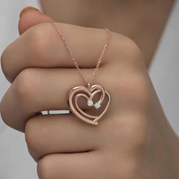 Kadın Gümüş Rose Birleşmiş Kalpler Kadın Kolye