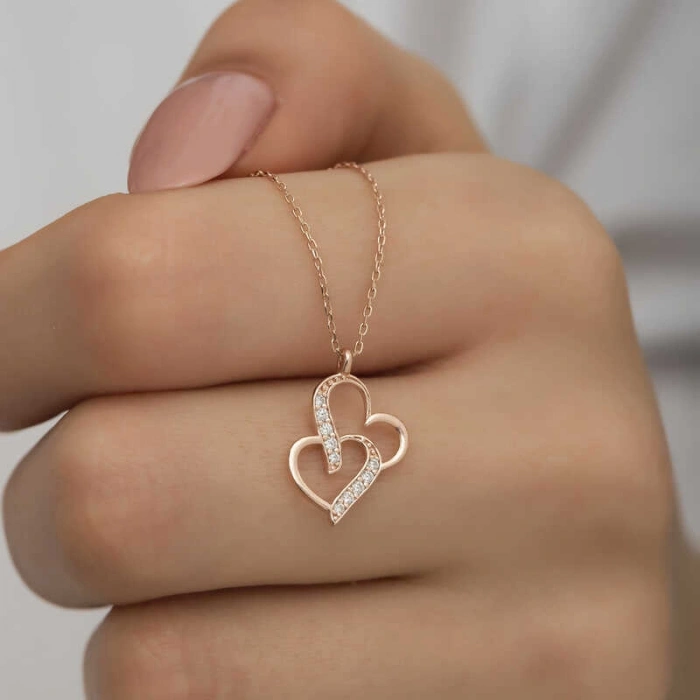 Kadın Gümüş Rose Birleşmiş Kalpler Kadın Kolye