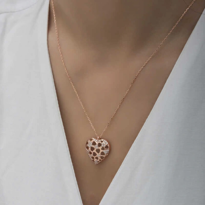 Kadın Gümüş Rose Bombeli Kalp Kadın Kolye