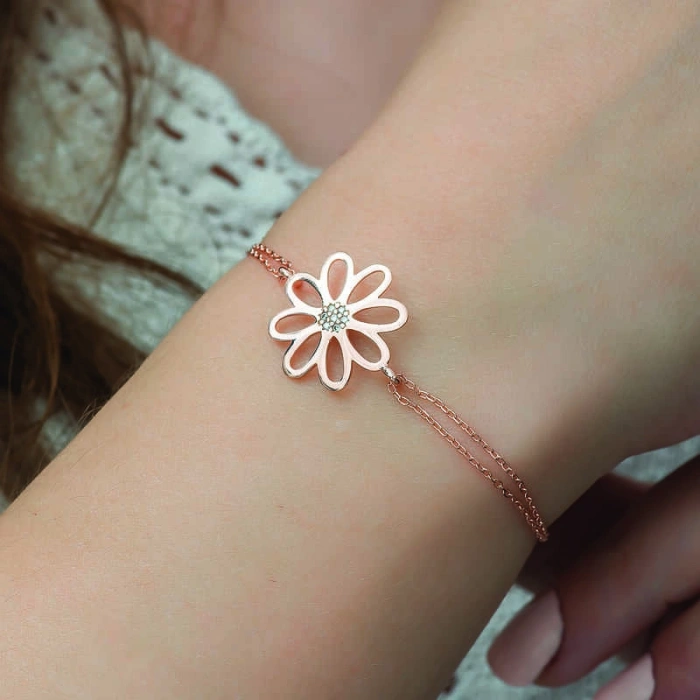 Kadın Gümüş Rose Çiçek Bayan Bileklik