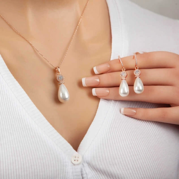 Kadın Gümüş Rose Damla İnci Kadın Set