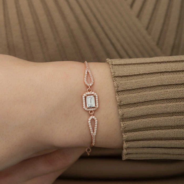 Kadın Gümüş Rose Dikdörtgen Baget Bileklik