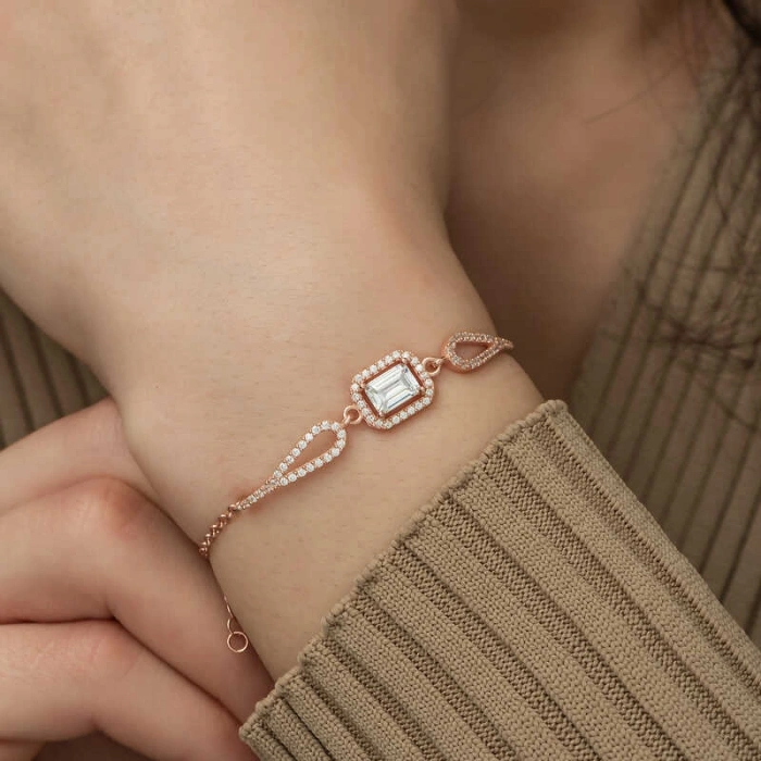 Kadın Gümüş Rose Dikdörtgen Baget Bileklik