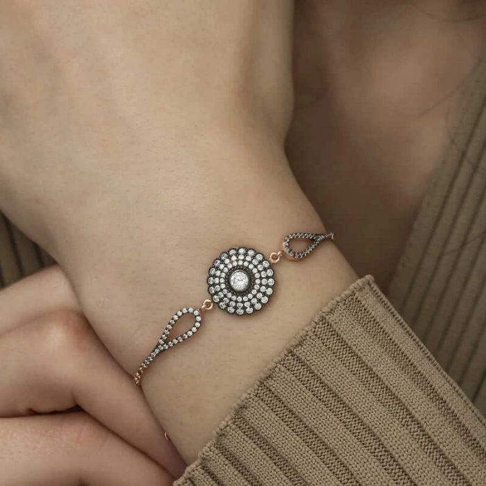 Kadın Gümüş Rose Elmas Montür Çiçek Bayan Bileklik