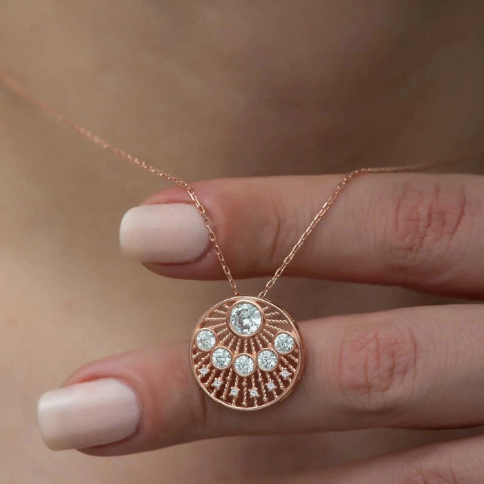 Kadın Gümüş Rose Etnik Desenli Rose Bayan Kolye