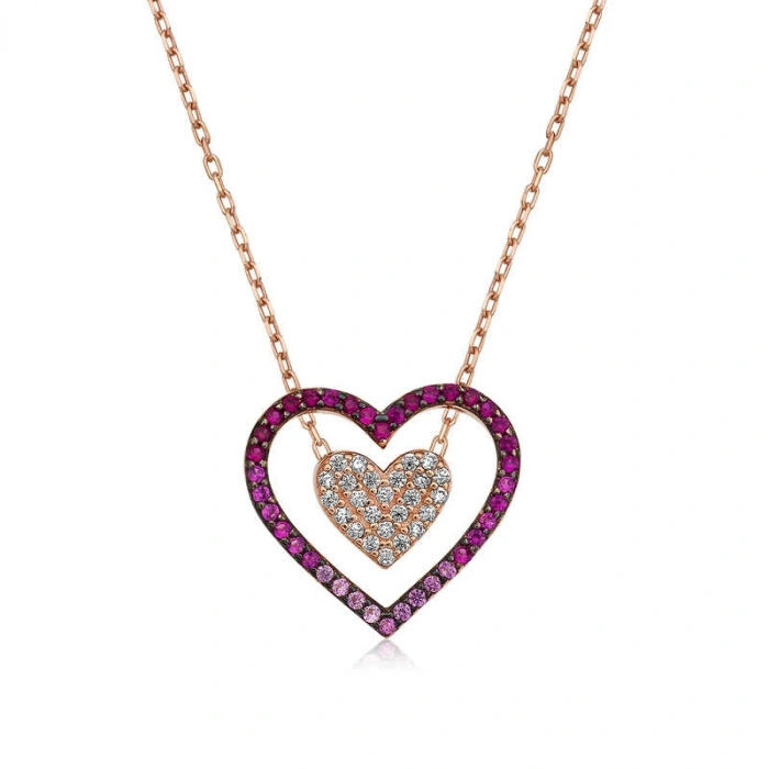 Kadın Gümüş Rose İki Kalp Bayan Kolye