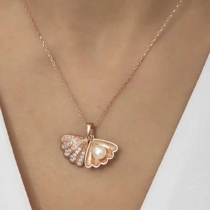 Kadın Gümüş Rose İncili İstiridye Bayan Kolye