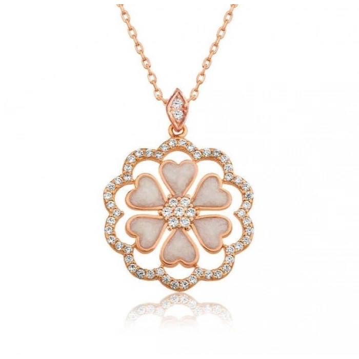 Kadın Gümüş Rose Kalp Çiçek Bayan Kolye