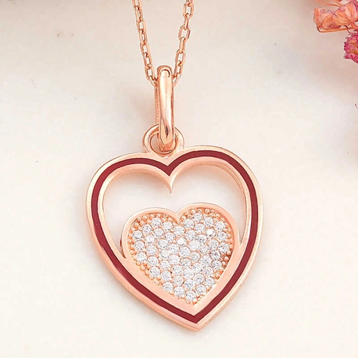Kadın Gümüş Rose Kalp Kadın Kolye