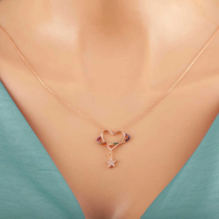 Kadın Gümüş Rose Kalp Yıldız Kadın Kolye