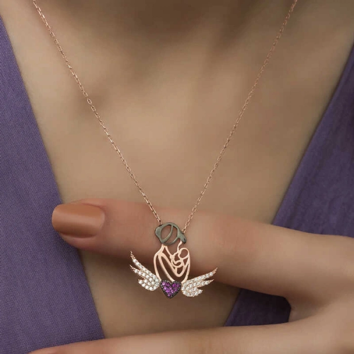 Kadın Gümüş Rose Kalpli Anne Ve Çocuk Kolye