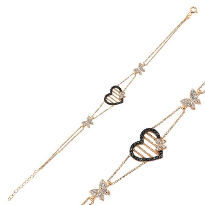 Kadın Gümüş Rose Kalpli Kelebek Bayan Bileklik