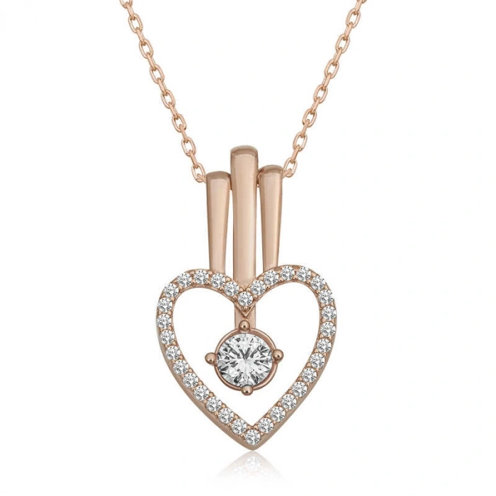 Kadın Gümüş Rose Kalpli Tek Taş Kadın Kolye
