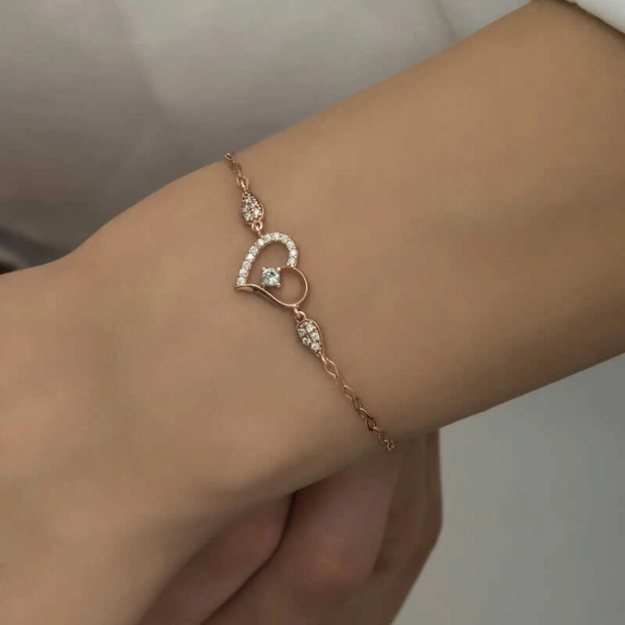 Kadın Gümüş Rose Kalpli Tektaş Kadın Bileklik